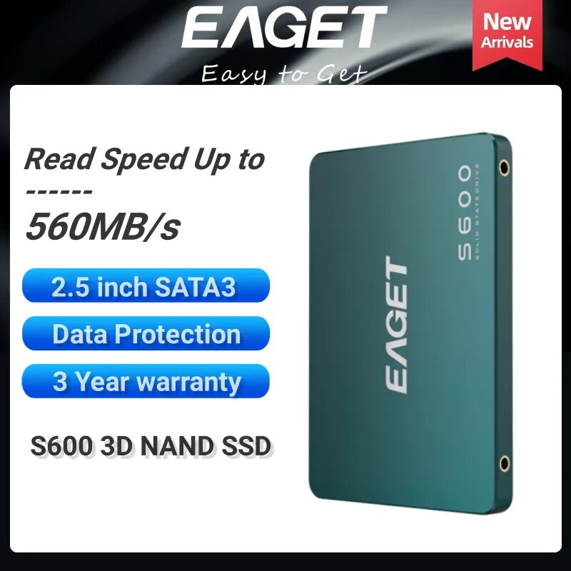 EAGET 내부 솔리드 스테이트 드라이브, TLC 칩 제어 SSD, SATA III 드라이브, 데스크탑 노트북용, S600, 2.5 인치, SATA 3 SSD, 560 MB/s
